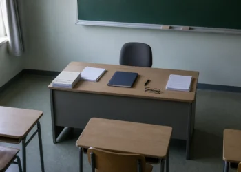 Порожній учительський стіл із класним журналом у шкільному кабінеті