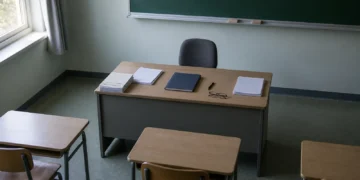 Порожній учительський стіл із класним журналом у шкільному кабінеті