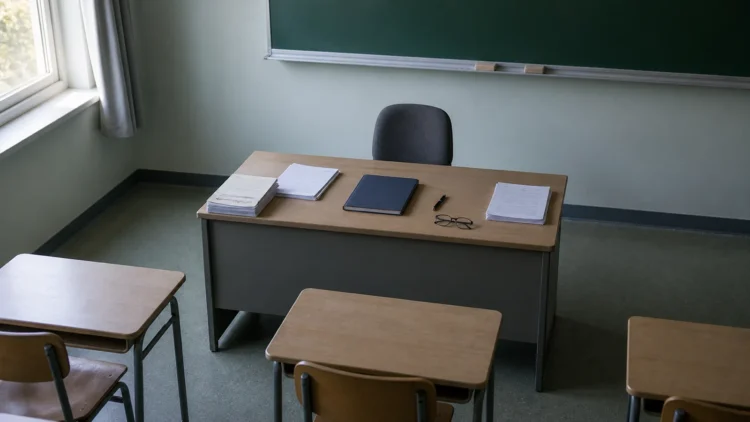 Порожній учительський стіл із класним журналом у шкільному кабінеті