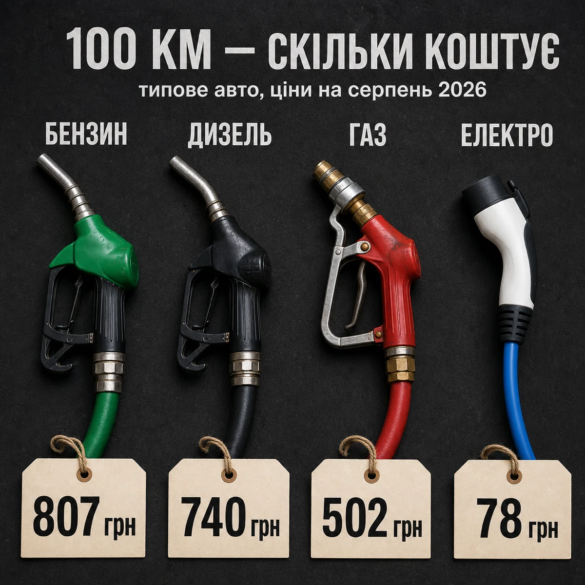 Інфографіка: вартість 100 км у серпні 2026 року — бензин 807 грн, дизель 740 грн, газ 502 грн, електро 78 грн. Розрахунок для авто з витратою 10 л бензину на 100 км, дизель 8 л, газ із перевитратою 15 %, електромобіль 18 кВт-год при домашній зарядці