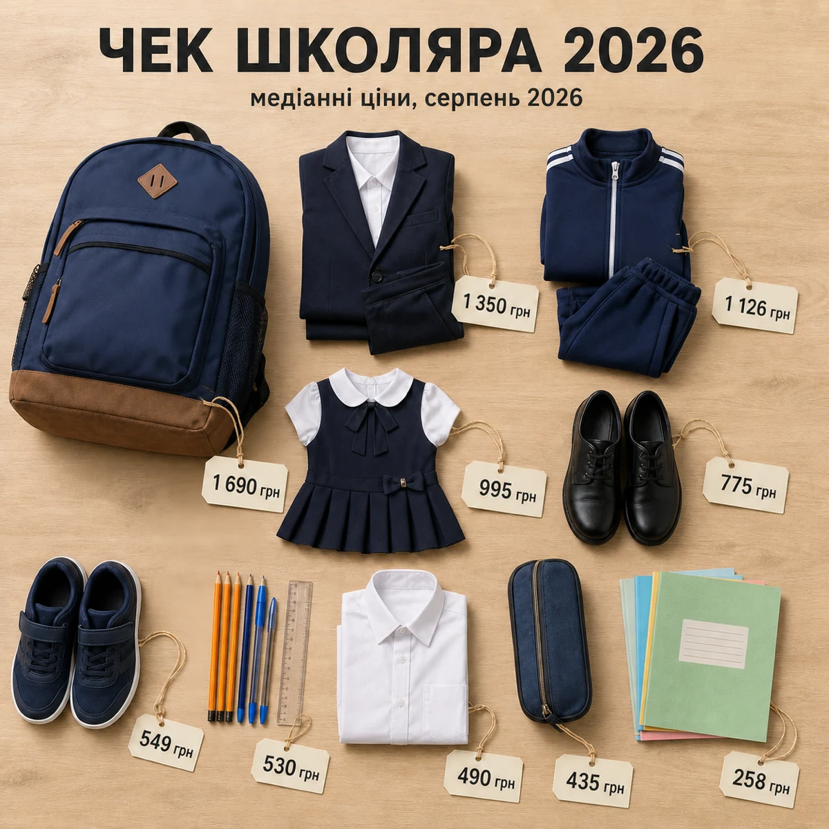 Інфографіка: медіанні ціни на шкільні речі у серпні 2026 року — рюкзак 1690 грн, шкільний костюм 1350, спортивний костюм 1126, форма для дівчинки 995, туфлі 775, змінне взуття 549, канцтовари 530, сорочка 490, пенал 435, зошити 258