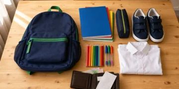 Речі для школи на столі: рюкзак, зошити, пенал, змінне взуття, сорочка, олівці та гаманець із грошима і чеком